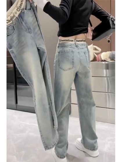 窄版弹力直筒牛仔裤女2025新款早春显瘦拖地裤大码刺绣加绒阔腿裤