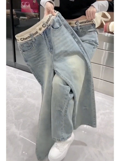 窄版弹力直筒牛仔裤女2025新款早春显瘦拖地裤大码刺绣加绒阔腿裤