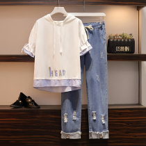 2021 summer dress new large size Women foreign style short sleeve denim pants set fat sister age slim two-piece set