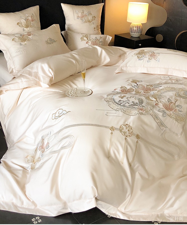 国潮花卉刺绣纯棉床上四件套