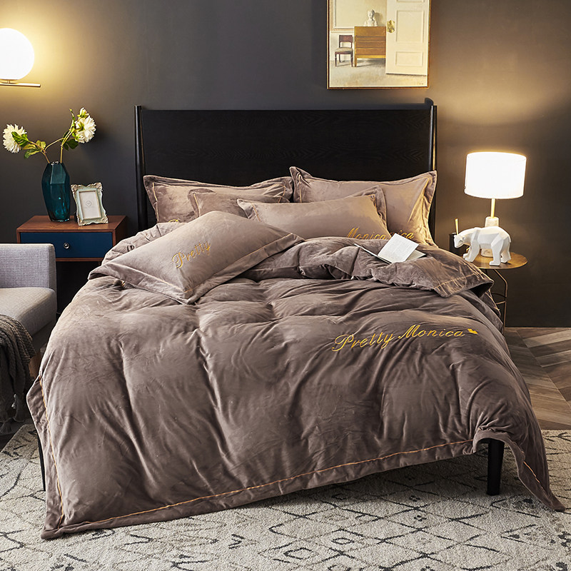 American ultra soft crystal suede thickened Fallefala suede four-piece set of pure color embroidery warm autumn and winter bed supplies