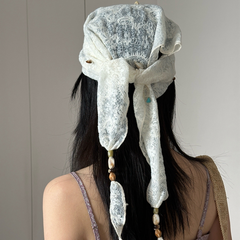 Purely Handmade Three-Dimensional Natural Stone Lace Triangle Scarf for Women, Versatile and Breathable Headscarf for Summer, Decorated with Wooden Beads, Silk Scarf