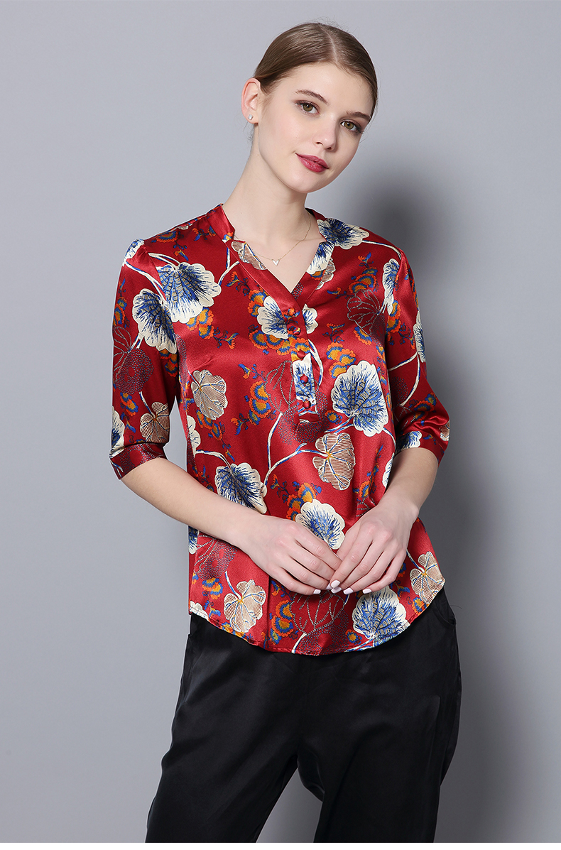 Shui Yao Han Xiang 2018 xuân hè mới tay ngắn in lụa áo sơ mi nữ rộng rãi sơ mi mẹ tải size lớn áo sơ mi nữ hàn quốc