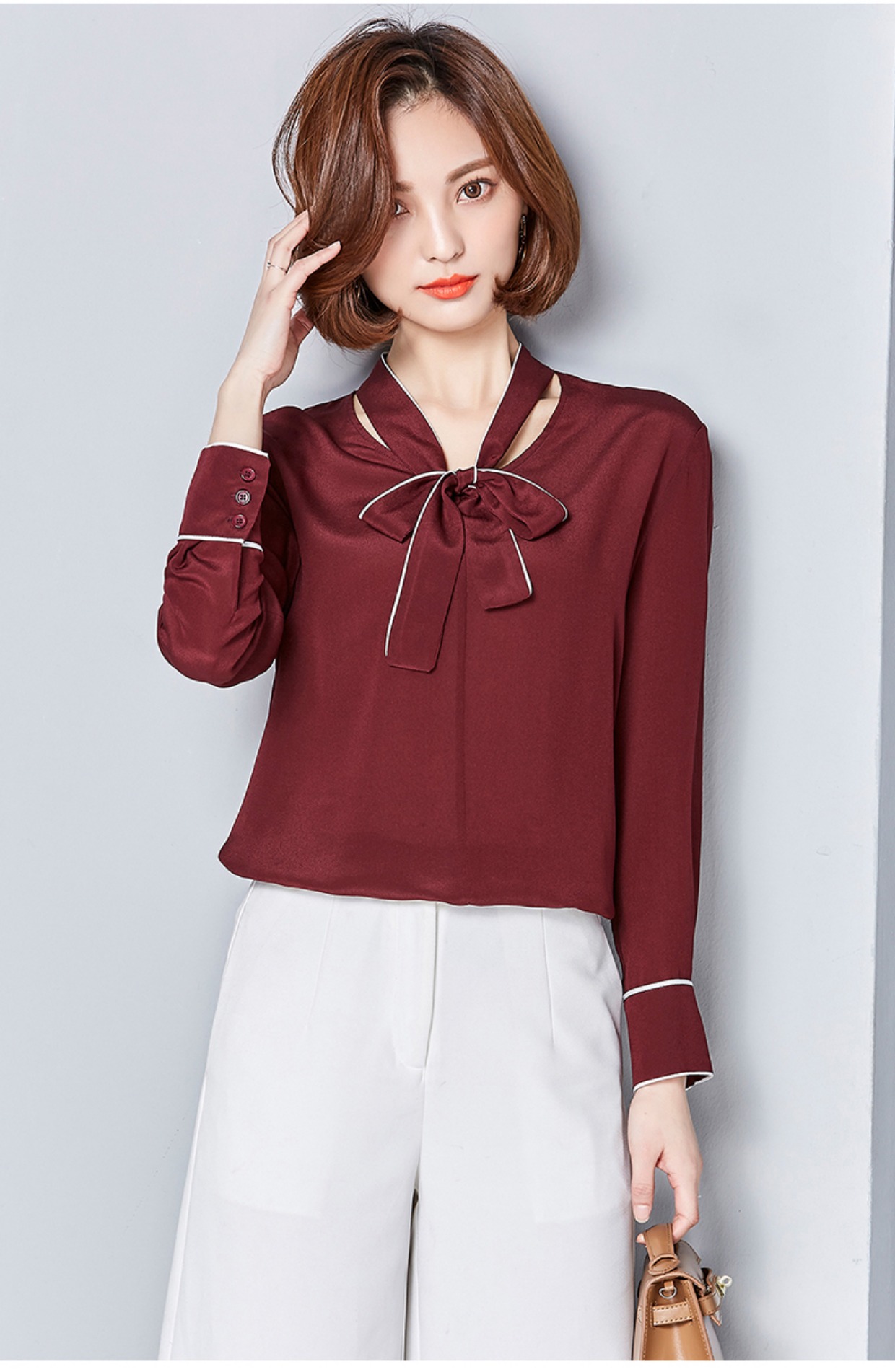 Xuân 2017 mới nặng lụa mới size áo dài tay nơ nữ áo sơ mi lụa nữ áo công sở đẹp