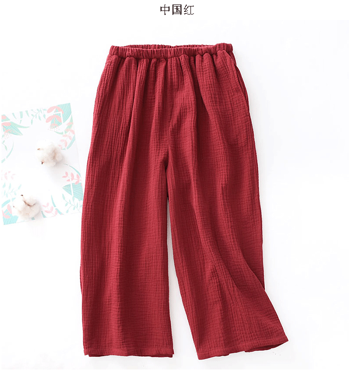 Bộ đồ ngủ bằng cotton nguyên chất cho phụ nữ mùa xuân và buổi sáng đi dạo giải trí gạc lỏng phần mỏng bảy điểm quần chân rộng có thể mặc quần nhà - Quần tây quần cotton nam