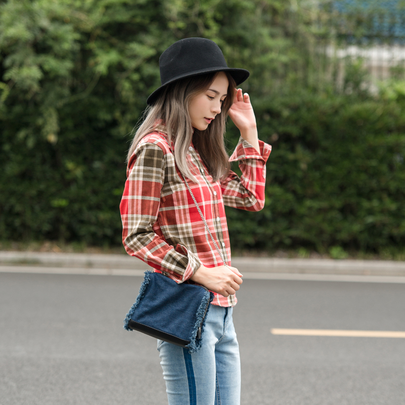 Mùa thu nữ 2018 mới thả lỏng kẻ sọc sọc dài tay áo sơ mi cotton sinh viên hoang dã áo sơ mi nữ dài tay màu đen