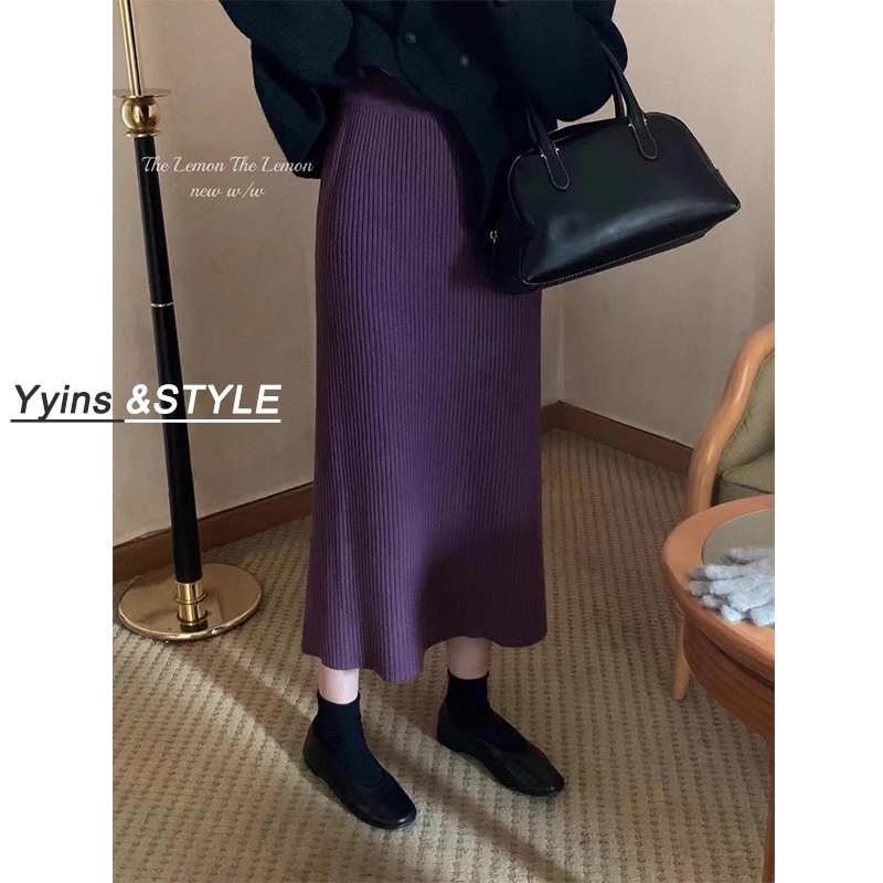 Wool Knitted Skirt, Autumn and Winter Style, Women's Mid-Length A-Line Slit Corduroy Purple Skirt, Hip-Hugging Straight Long Skirt