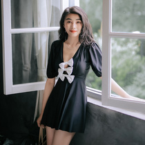 2021 new black fairy fan ins Wind conjoined Japanese bow gathering meat hot spring swimsuit women Summer