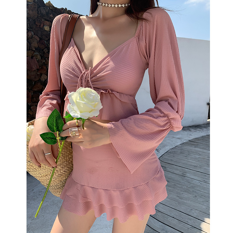 Legal Ins Wind Retro Holiday Two Style Swimsuit Powder Tender White Fairy Skirt Style Long Sleeve Sunscreen Swimsuit Woman