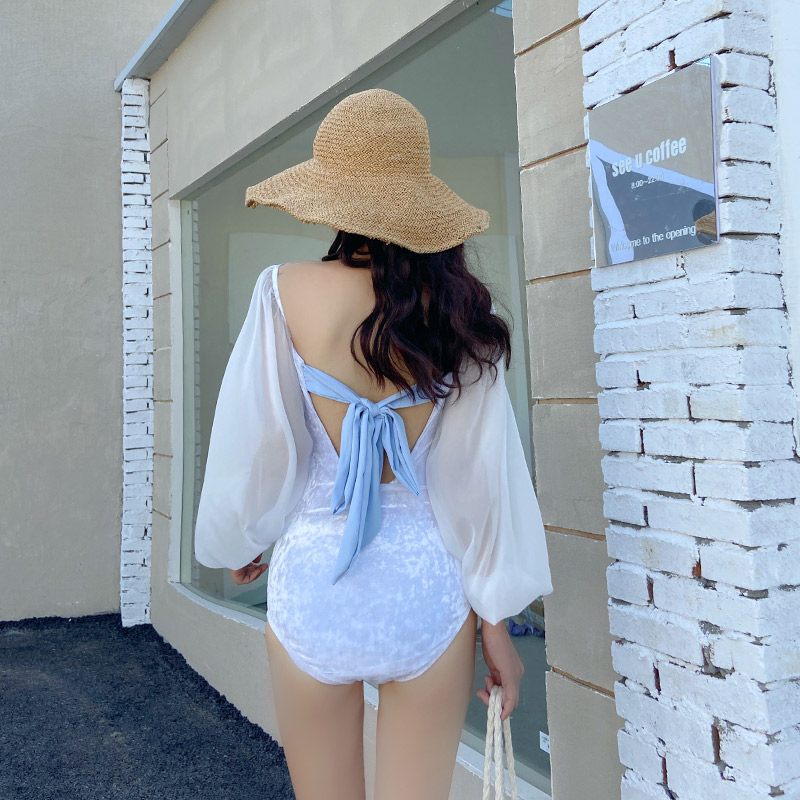 2021 New Fairy Fan Long Sleeve Korea ins Wind Open Back Slim Belly Sunscreen Hot Spring Swimsuit Female