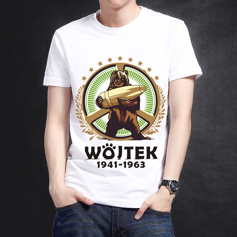 Military fans World War II Poland against the Germans fighting bear cannonball bear WOJTEK short-sleeved white printed male T-shirt