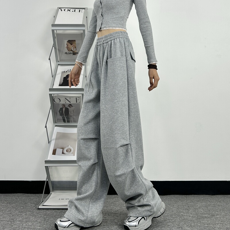 Tall Women's 175cm Long Gray Cargo Pants, New Spring and Autumn Style, Fleece-Lined Sweatpants, High-Waisted Casual Wide-Leg Pants