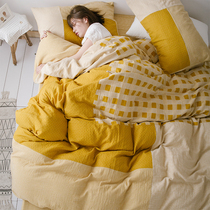Nordic style homestay double-layer yarn four-piece simple plain Plaid lattice model room bedding 100 cotton cotton ins