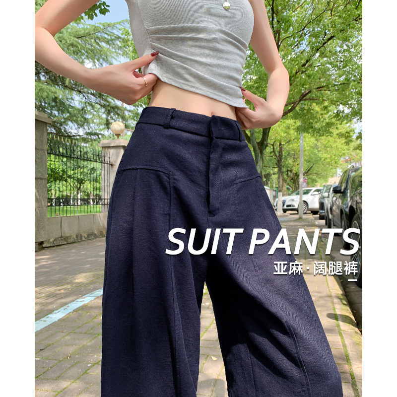 Navy Blue Linen and Ramie Wide-Leg Pants for Women, Summer Thin Style, 2025 New Model, Old Money Style Cotton-Linen Casual Trousers