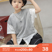 Childrens summer short-sleeved T-shirt boys 2021 new round neck wild fake two loose ins port wind casual top