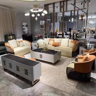 Italian-Style Light Luxury Large-Sized Minimalist Villa Leather Sofa, Post-Modern Living Room Luxury Villa High-End Furniture Sofa