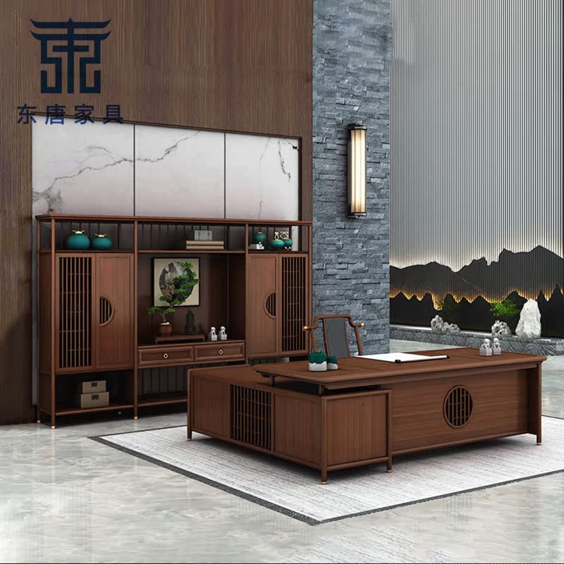 Black gold wood corner office desk and chair combination new Chinese style boss table president manager solid wood executive desk with side table