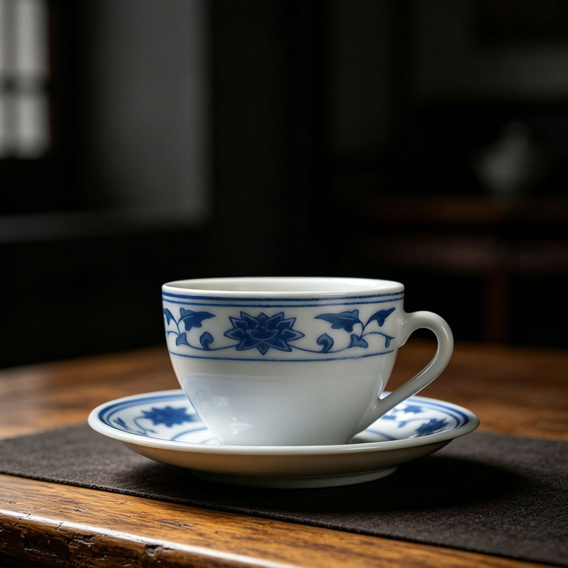 Jingdezhen Old Factory Goods Porcelain Export Chuanghui 70S Chuanghui Hongqi Porcelain Factory One Cup and One Saucer Blue and White Lotus