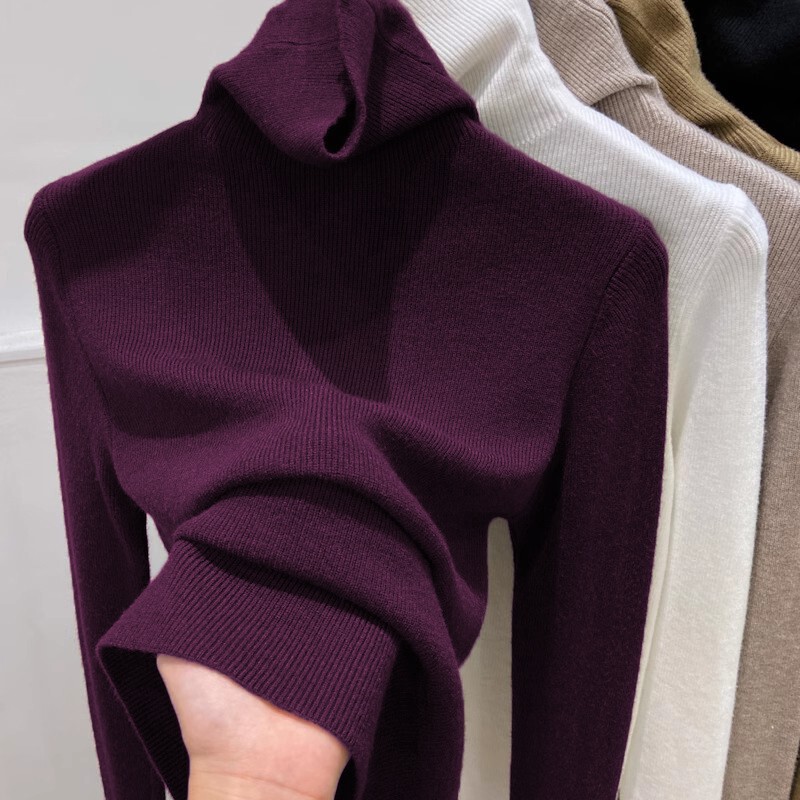 Thick, Elegant Purple Slim-Fit Base Shirt for Women, Autumn and Winter, with a Soft, Fluffy Wool Knit Turtleneck, Stylish Sweater
