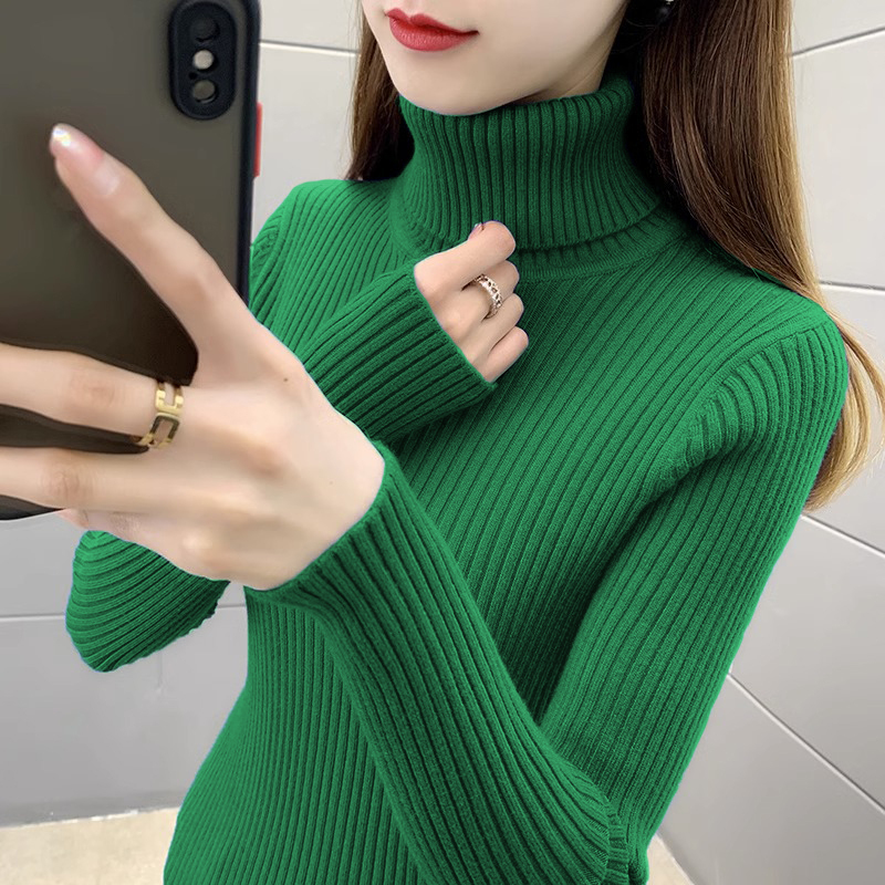 High-Necked Knitted Sweater for Women, Autumn and Winter 2026 New Style, Green Wool Base Shirt with a Unique and Versatile Design