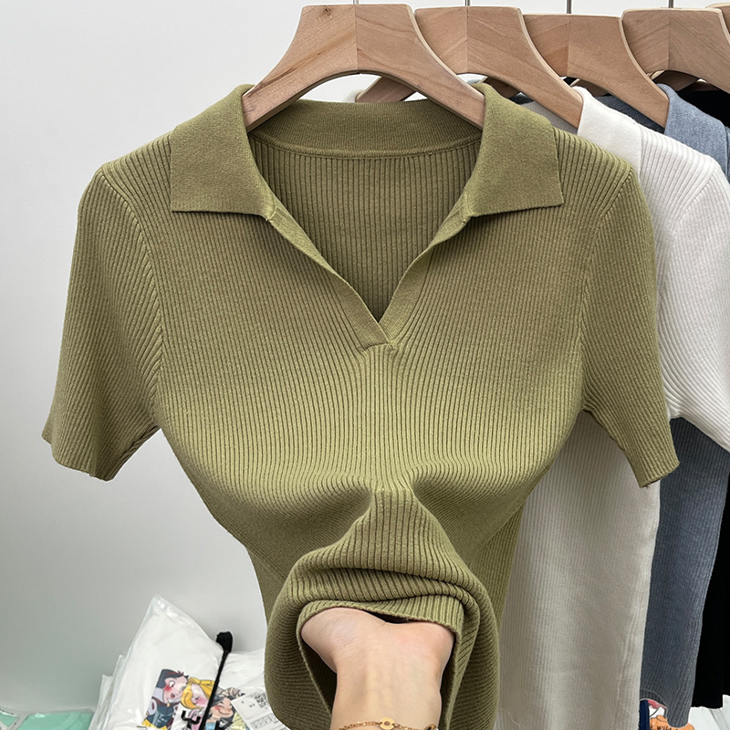 European-Style Ice Silk Short-Sleeve Women's Slim-Fit Thin Polo Collar T-Shirt Top, Fashionable 2026 New Style, Light Mature Style Knitwear