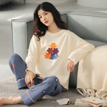 Fall Pure Cotton Pyjamas Woman Long Sleeve Long Pants Loose can outwear round neckline headsets Big code Home Suits Two Suits