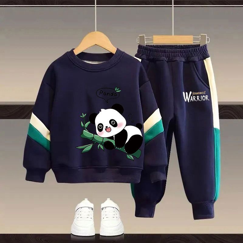 Boys' Sweatshirt Set, New Spring and Autumn Style, Versatile Cartoon Panda Color-Blocked Sweatshirt and Sweatpants Two-Piece Set, Trendy Style