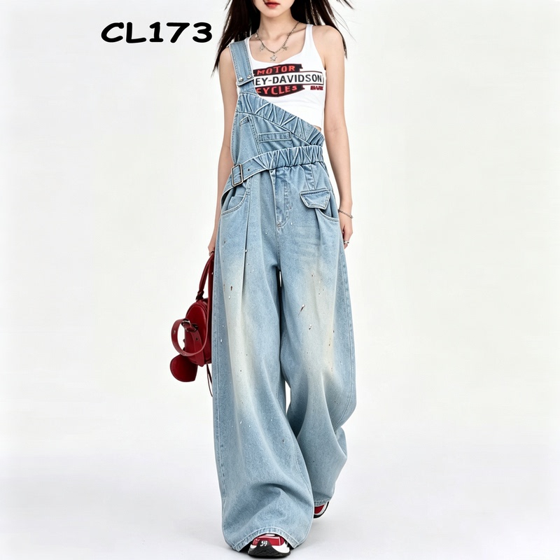 Ren Suxi Style Denim Overalls for Women, Autumn 2026 New Single-Shoulder Youthful Graffiti High-Waisted Wide-Leg Long Pants Ren Suxi Style Denim Overalls for Women, Autumn 2026 New Single-Shoulder Youthful Graffiti High-Waisted Wide-Leg Long Pants