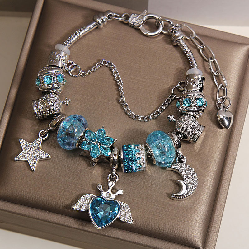 Blue Glass Bead Angel Heart Pendant Bracelet for Women, Light Luxury Niche High-End Star Moon Retro Style Bracelet