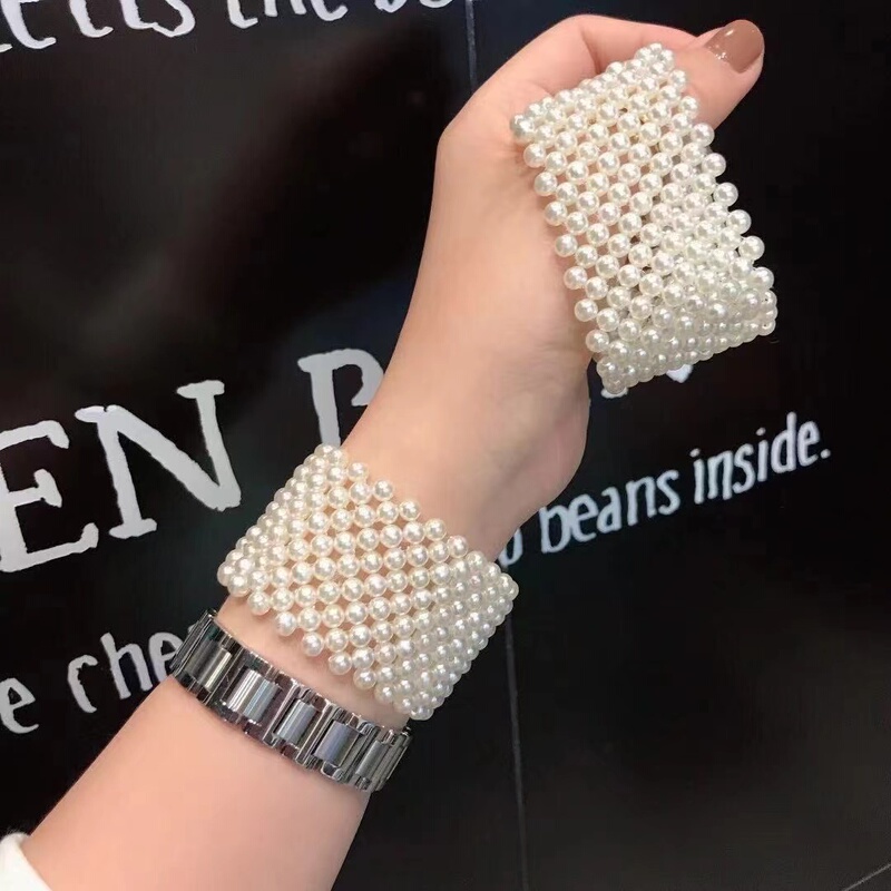New Trendy Pearl Bracelet for Women, Wide Braided Elastic Bead Bracelet, Wrist Wide Bracelet, Scar-Covering Bracelet for Women