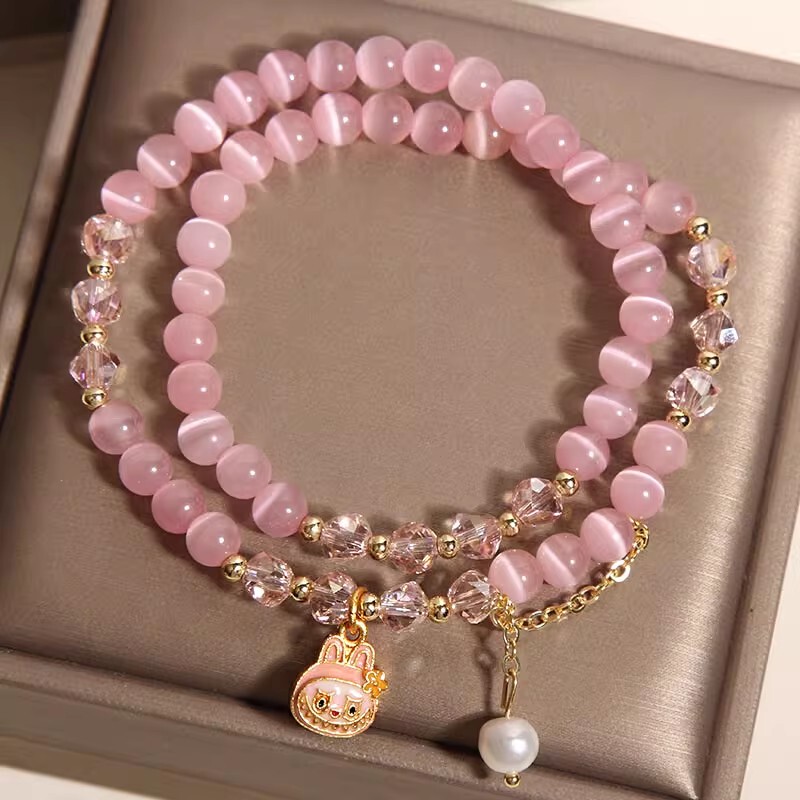 New Pink Cat's Eye Stone Double-Circle Bracelet for Women, Light Luxury, Niche, Exquisite, Stackable, Labubu Crystal Bracelet, Gift for Best Friend
