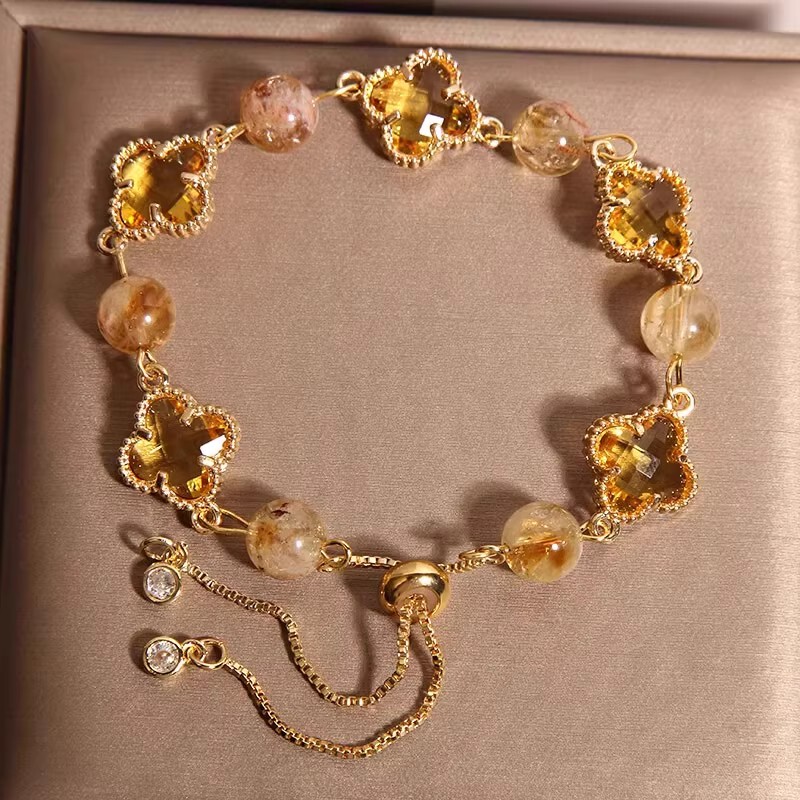 New Natural Yellow Tower Crystal Four-Leaf Clover Bracelet for Women, Light Luxury Niche Exquisite Wealth-Attracting and Fortune-Turning Yellow Crystal Bracelet