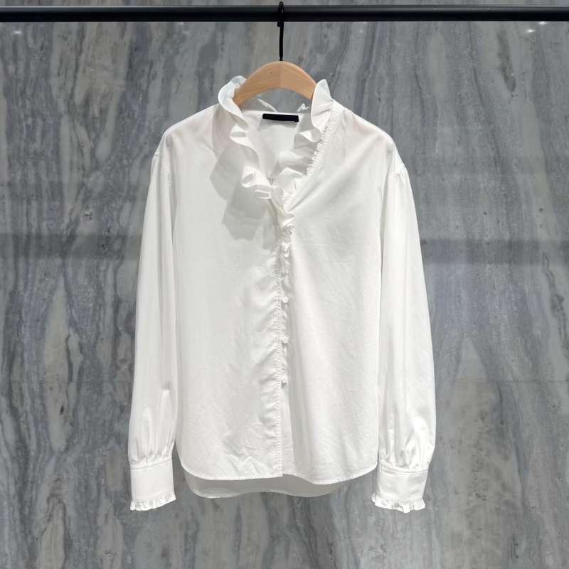 Authentic White Shirt 2026 Winter New Product Xinjiang Long-Staple Cotton Peach Skin Velvet Brushed Fabric with Ruffled Edges Loose Fit Mbf4Top012