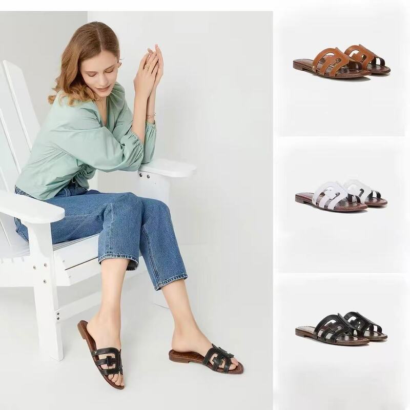 Original Export Flat H Slippers, Hollow Versatile Flat-Heeled Women's Slippers, Genuine Leather Casual White Open-Toe Slip-On Sandals