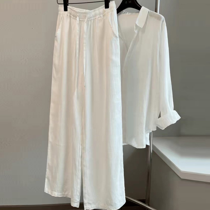 White Linen Shirt Women's Suit Summer Old Money Style Loose Fit Versatile Sun Protection Shirt Wide-Leg Pants Two-Piece Set