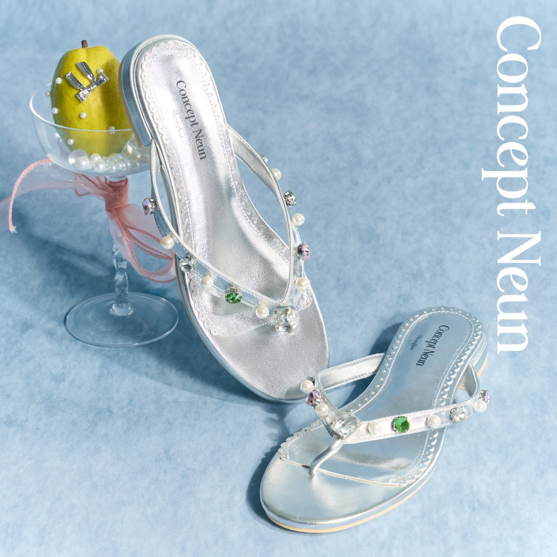 Concept Neun Rococo Series Colored Diamond Herringbone Gold and Silver Round-Toe Sandals for Women, Exclusive Original Design