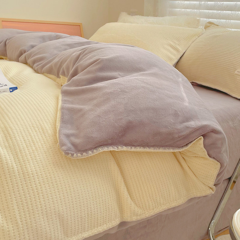 Baby Waffg Milk Suede Bed Four Pieces Double Sided Baby Suede Quilt Cover Bed Pint Autumn Winter Coral Gushed Sheet-Taobao