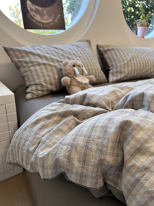 Simple Japanese-Style Gray Plaid Pure Cotton Washed Cotton Four-Piece Set Apartment Bed All-Cotton Duvet Cover Three-Pie