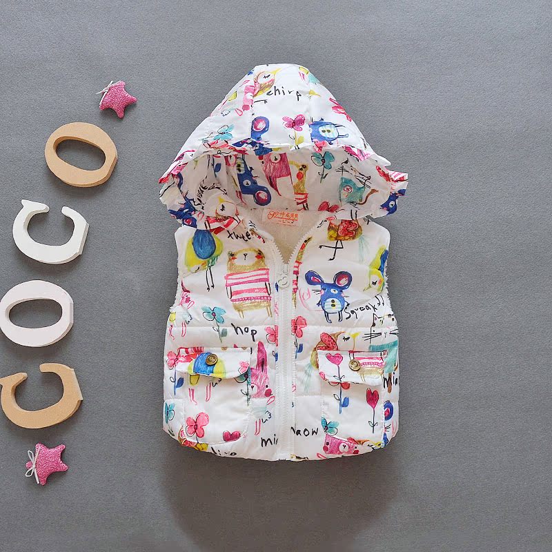 Áo khoác vest nữ mùa thu đông cộng với nhung dày graffiti cô gái vest bé cotton áo vest mặc mũ trùm đầu quần áo sành điệu cho be gái