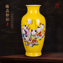 Jingdezhen Ceramic Yellow Hand Painted Kids Large Vase Flower Making Cash Treasure Chinese Living Room Study Decor Ornament