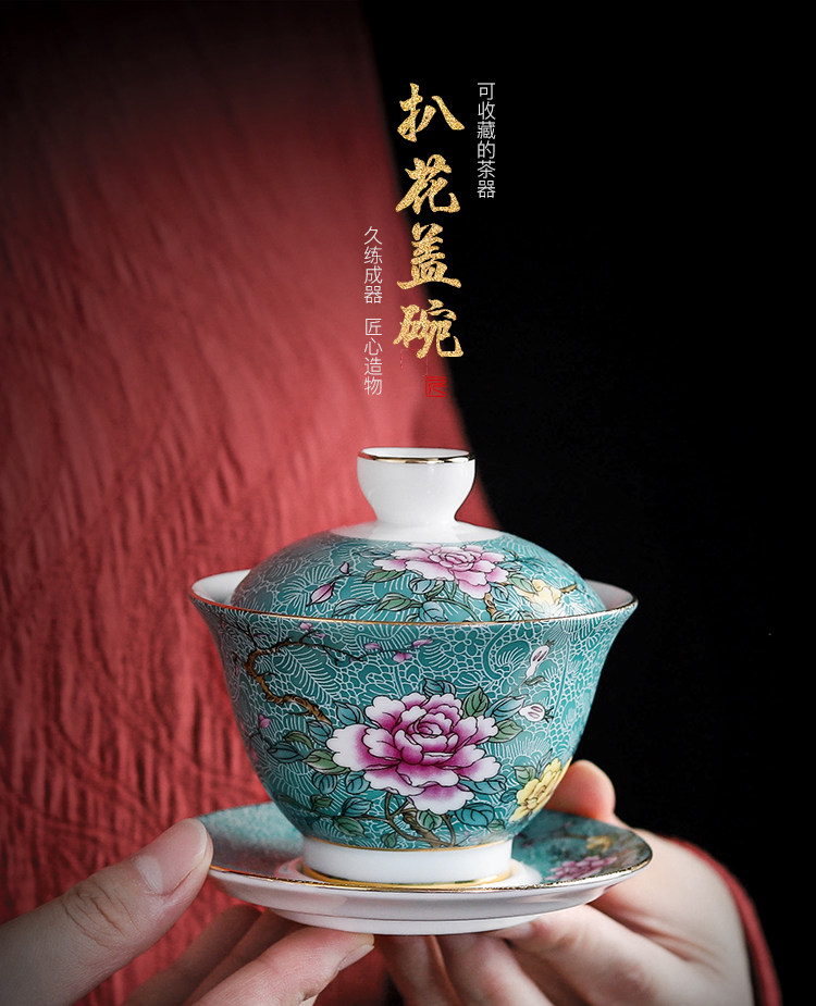 Jingdezhen enamel-painted ceramic tea set, single size three-sided covered bowl tea cup lid, heat-resistant pic 1