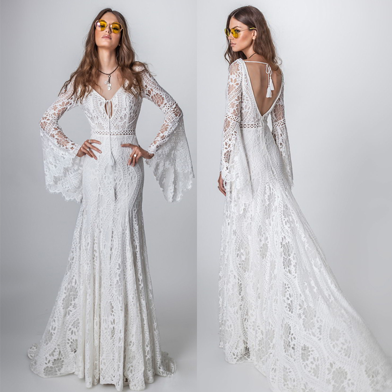 Bohemian Style Trumpet Sleeves Lace Backless Elegant Bride Outdoor Lawn Wedding Dress Beach Travel Photography Light Wedding Dress Bohemian Style Trumpet Sleeves Lace Backless Elegant Bride Outdoor Lawn Wedding Dress Beach Travel Photography Light Wedding Dress