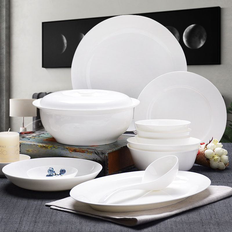 Tangshan ipads porcelain tableware suit Chinese ceramic white contracted white dish bowl dishes suit household with chopsticks