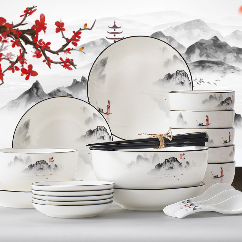 Red peony tableware suit ceramic dishes suit of new Chinese style household dishwasher 0 mix the soup bowl rainbow such use