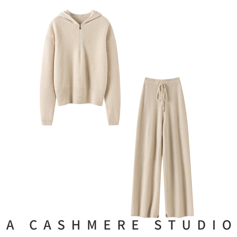 26 New Autumn and Winter Hooded Cashmere Sweater for Women, Heavyweight Thickened Sweater, Knitted Wide-Leg Pants, Cashmere Two-Piece Suit for Outer Wear