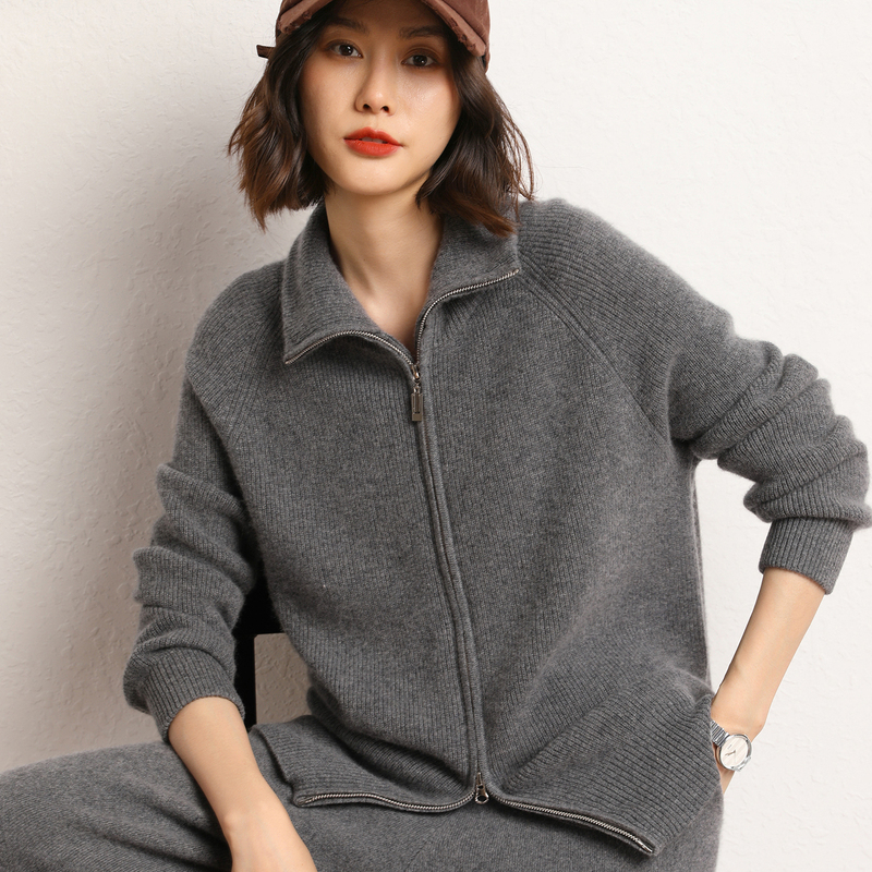New Autumn and Winter Style Lazy Style Cashmere Sweater for Women, Lapel Double Zipper Knitted Cardigan, Thickened Sweater, Loose Long-Sleeved Jacket