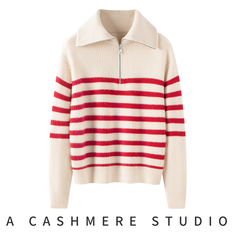 2026 New Autumn and Winter Thickened Navy Collar Cashmere Sweater for Women with Turn-Down Collar and Half-Zip Knit Sweater with Stripes 2026 New Autumn and Winter Thickened Navy Collar Cashmere Sweater for Women with Turn-Down Collar and Half-Zip Knit Sweater with Stripes