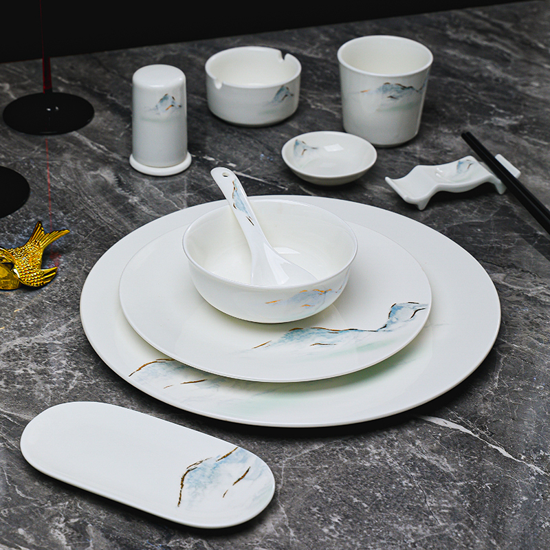 New Chinese-Style Blue Mountain High-End Hotel Club Ceramic Tableware Thick Bone Dish Set for Restaurants