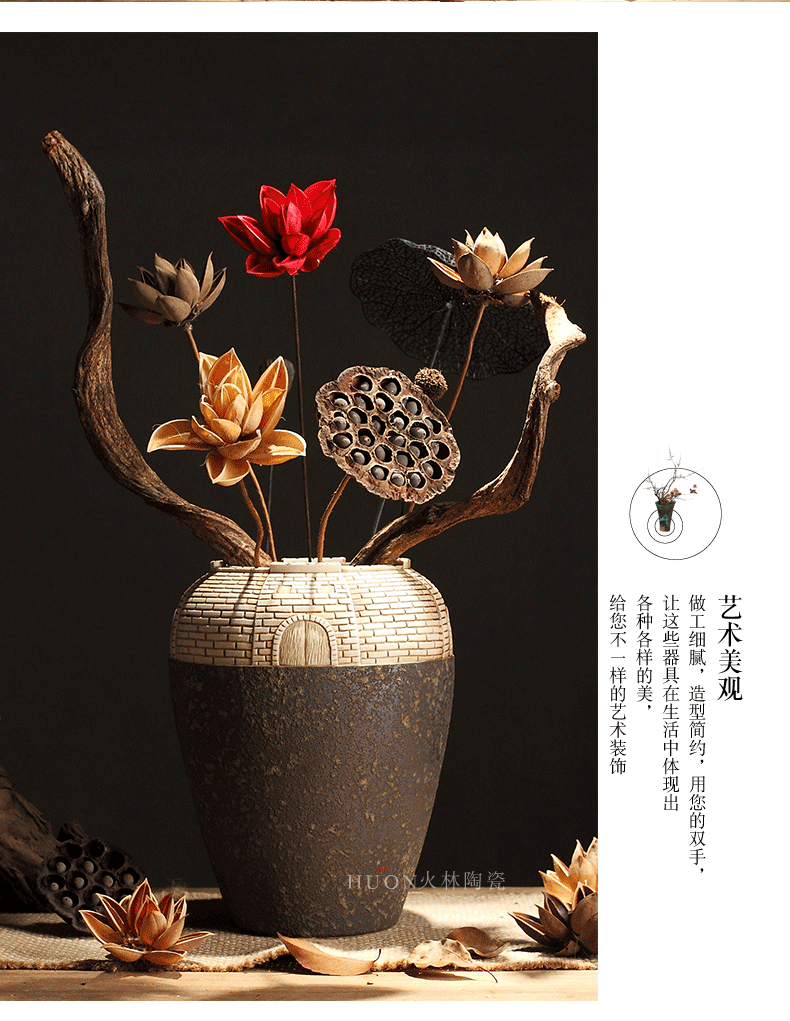 New Chinese style ceramic vase zen furnishing articles hand - carved retro coarse pottery table sitting room adornment flowers of a home stay facility