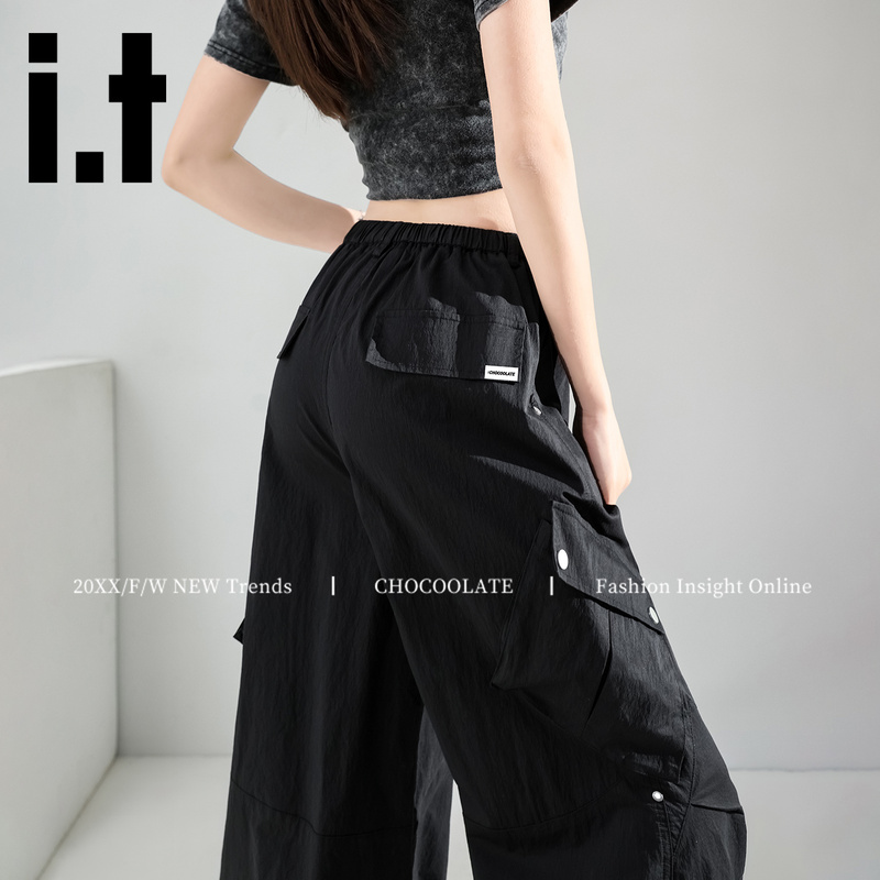 Chocoolate Black Quick-Dry Work Pants for Women, Spring and Summer High-Waisted Wide-Leg Parachute Pants, Thin Sports Pants